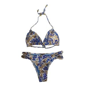 Areia Branca Blue and Gold Royal Print Brazilian Bikini Size Medium